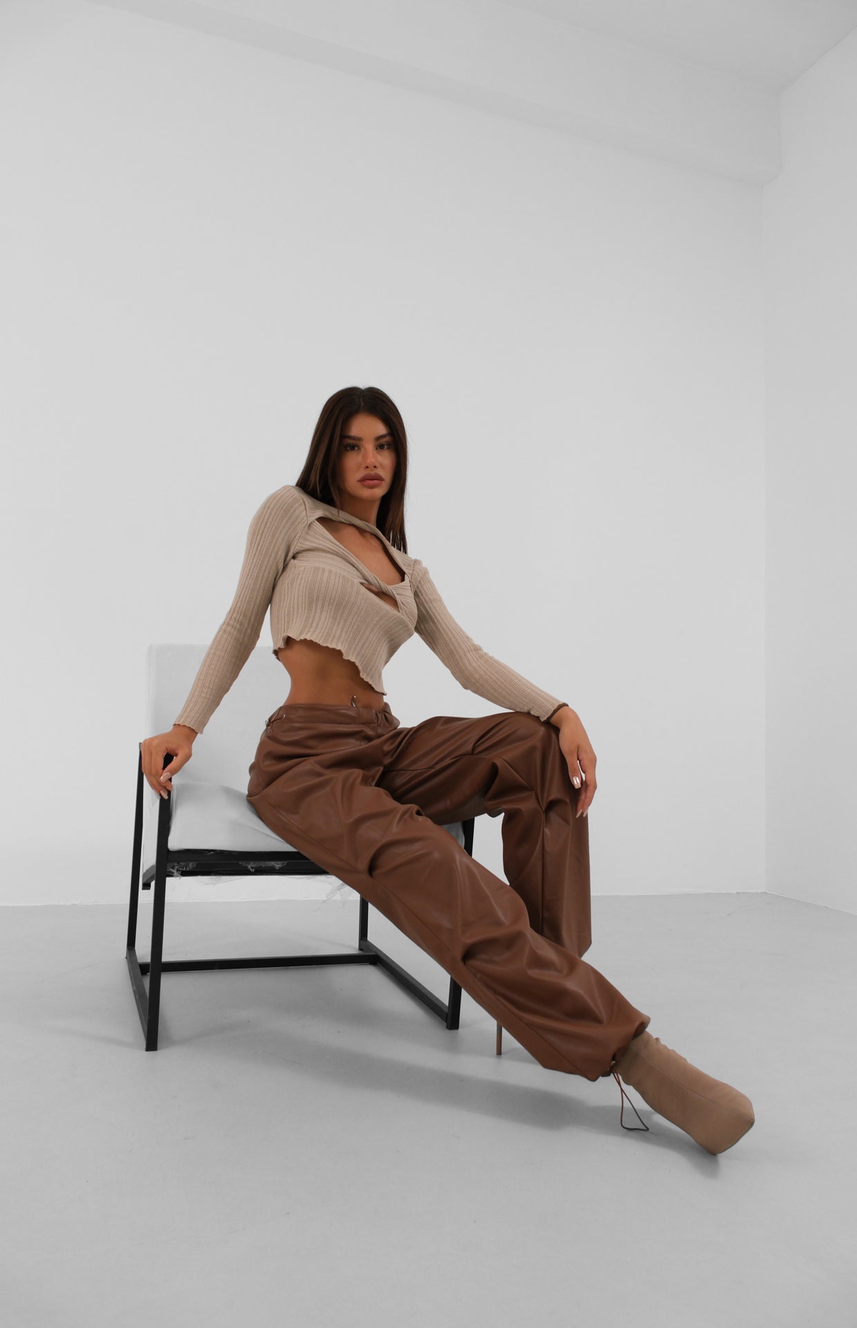 Waist Elastic Faux Leather Brown Pants