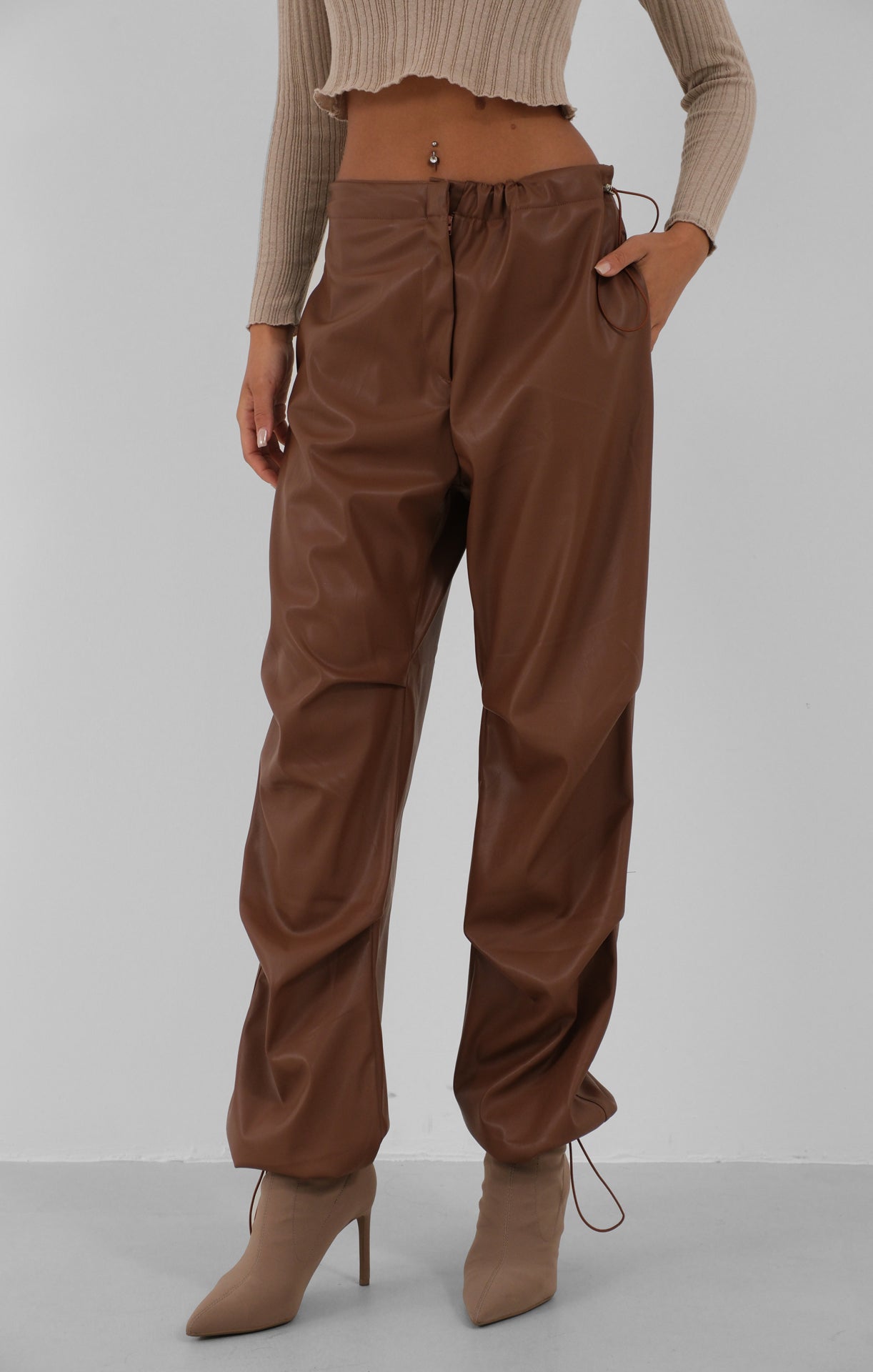 Waist Elastic Faux Leather Brown Pants