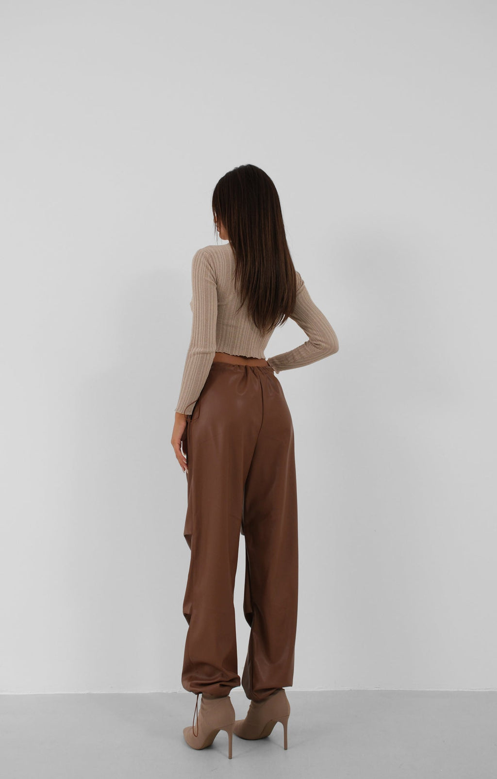 Waist Elastic Faux Leather Brown Pants