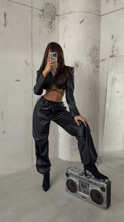 Elastic Waist Leather Black Trousers