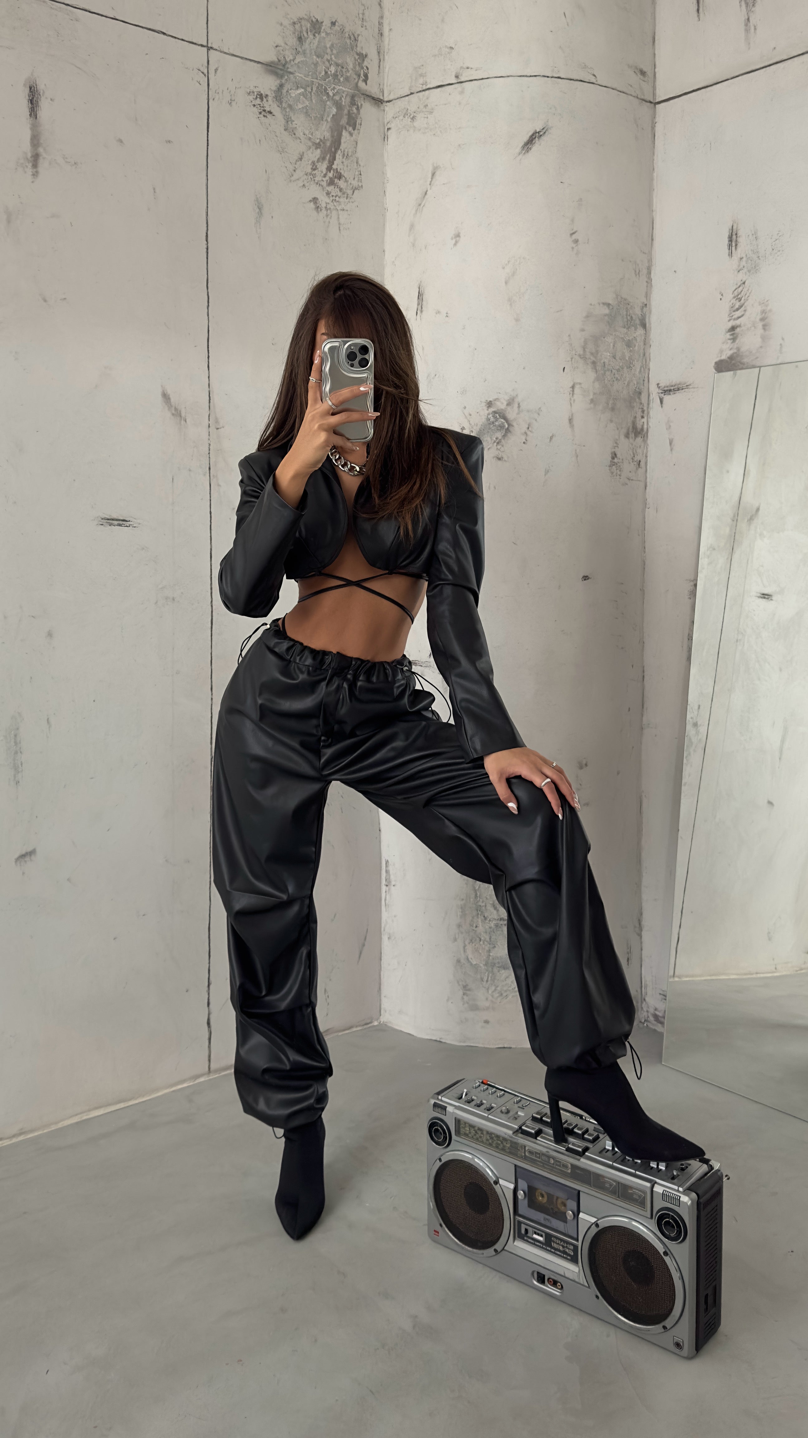 Elastic Waist Leather Black Pants
