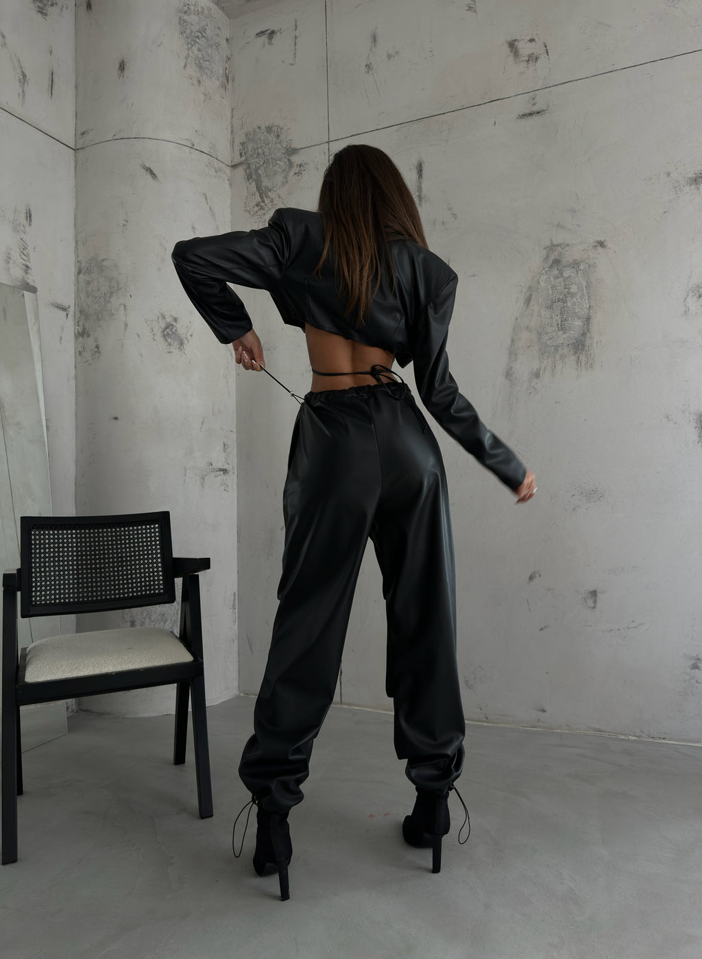 Elastic Waist Leather Black Pants
