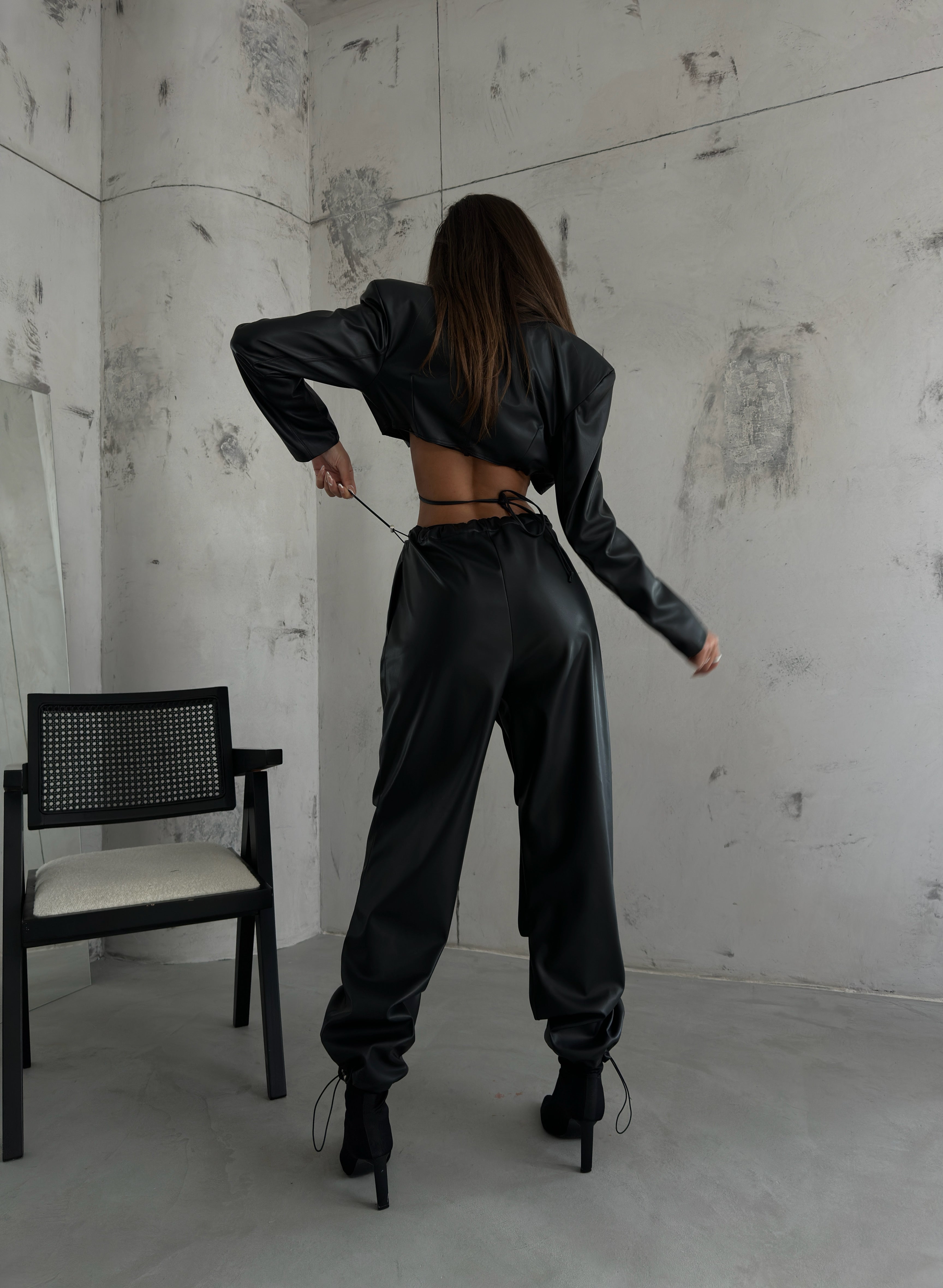 Elastic Waist Leather Black Pants