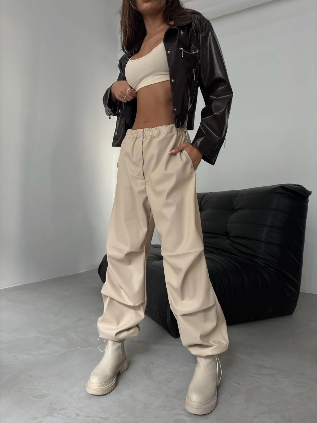 Elastic Waist Beige Leather Trousers