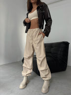 Elastic Waist Beige Leather Trousers
