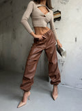 Elastic Waist Leather Brown Pants