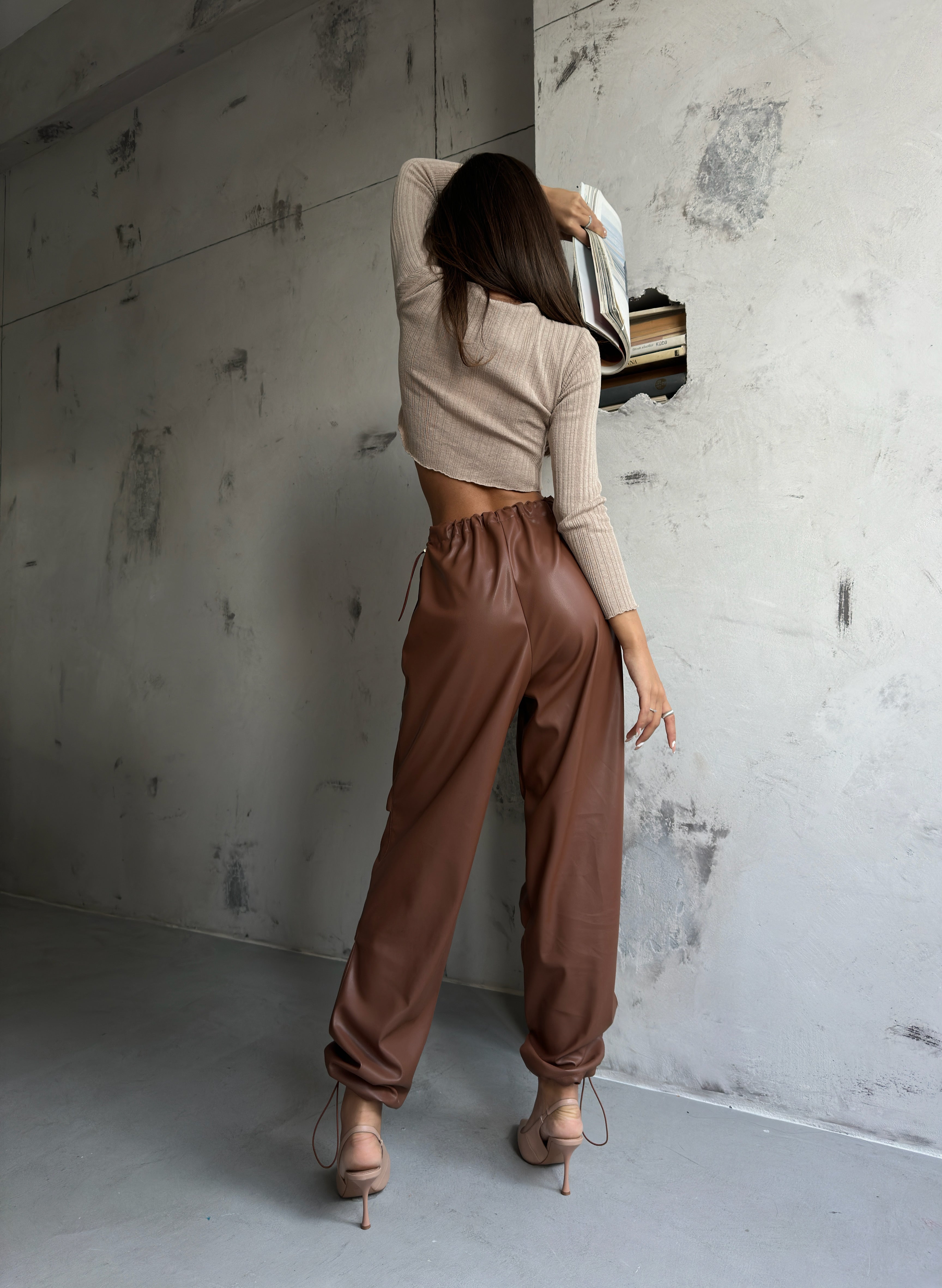 Elastic Waist Leather Brown Pants