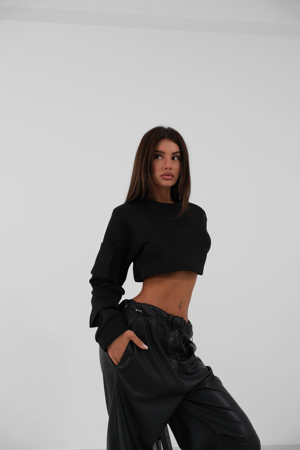 Elastic Waist Black Leather Pants