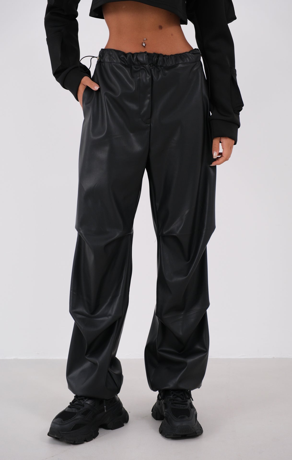 Elastic Waist Black Leather Pants