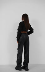 Elastic Waist Black Leather Pants