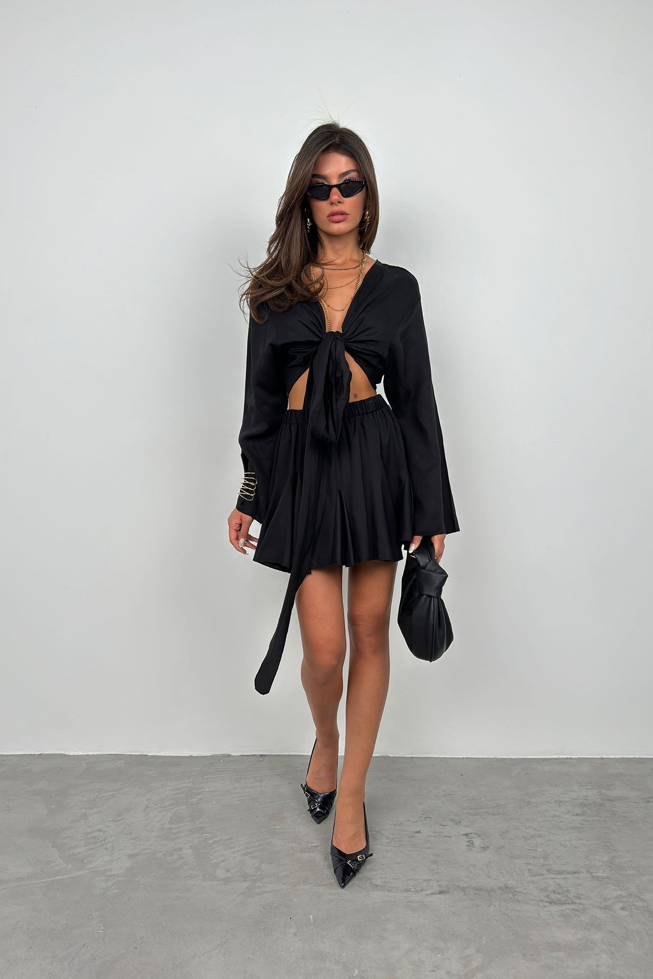Elastic Waist Black Flared Skirt