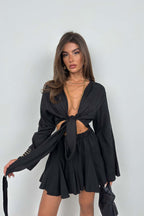 Elastic Waist Black Flared Skirt