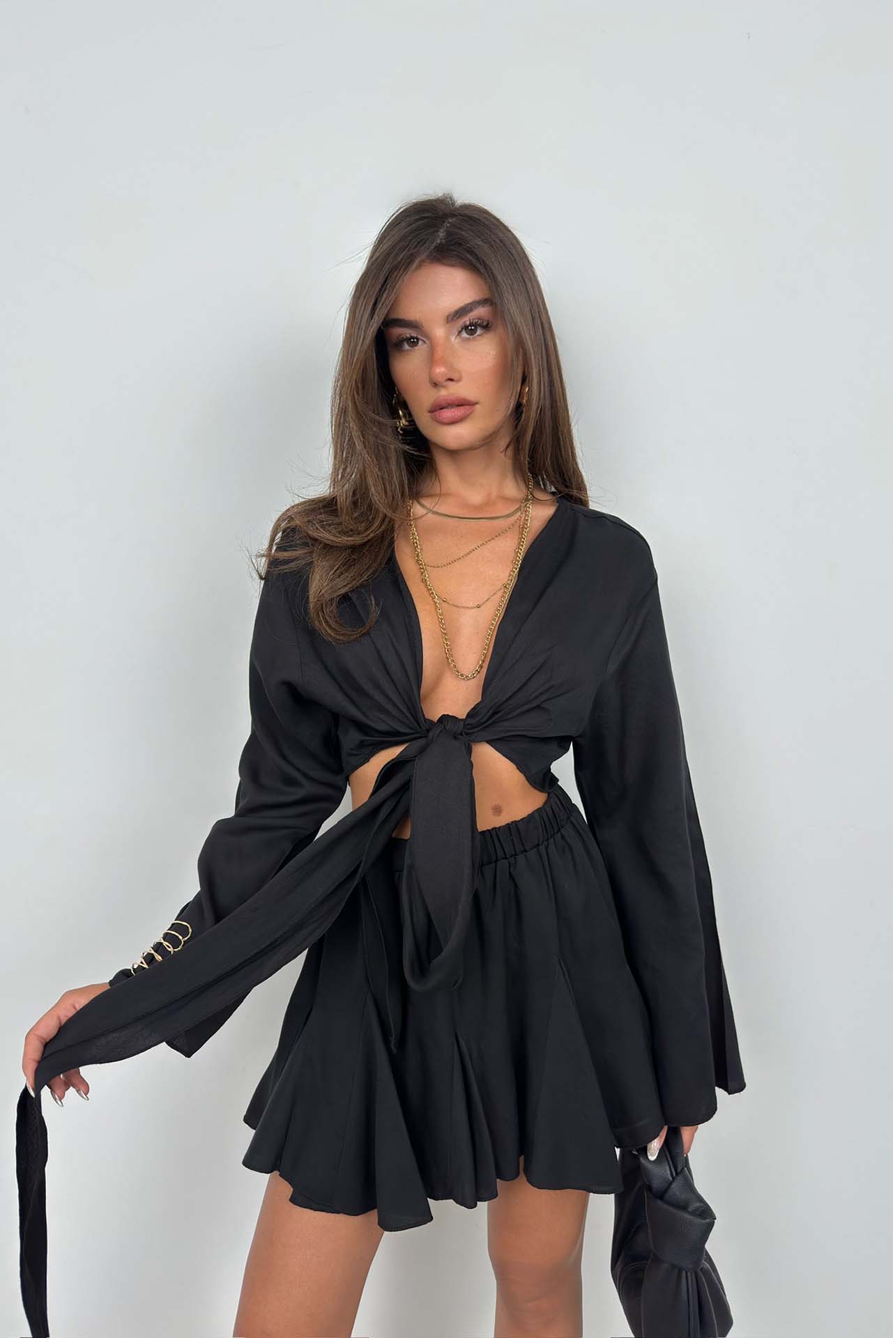 Elastic Waist Black Flared Skirt