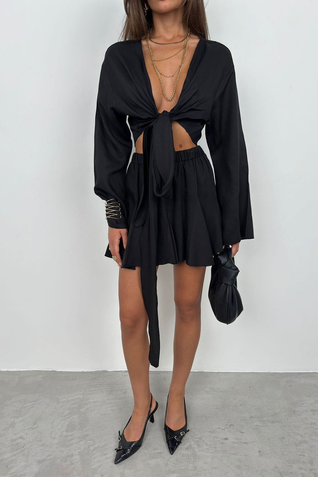 Elastic Waist Black Flared Skirt
