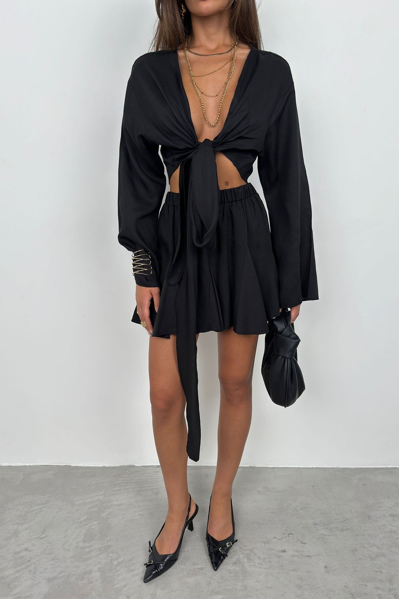 Elastic Waist Black Flared Skirt