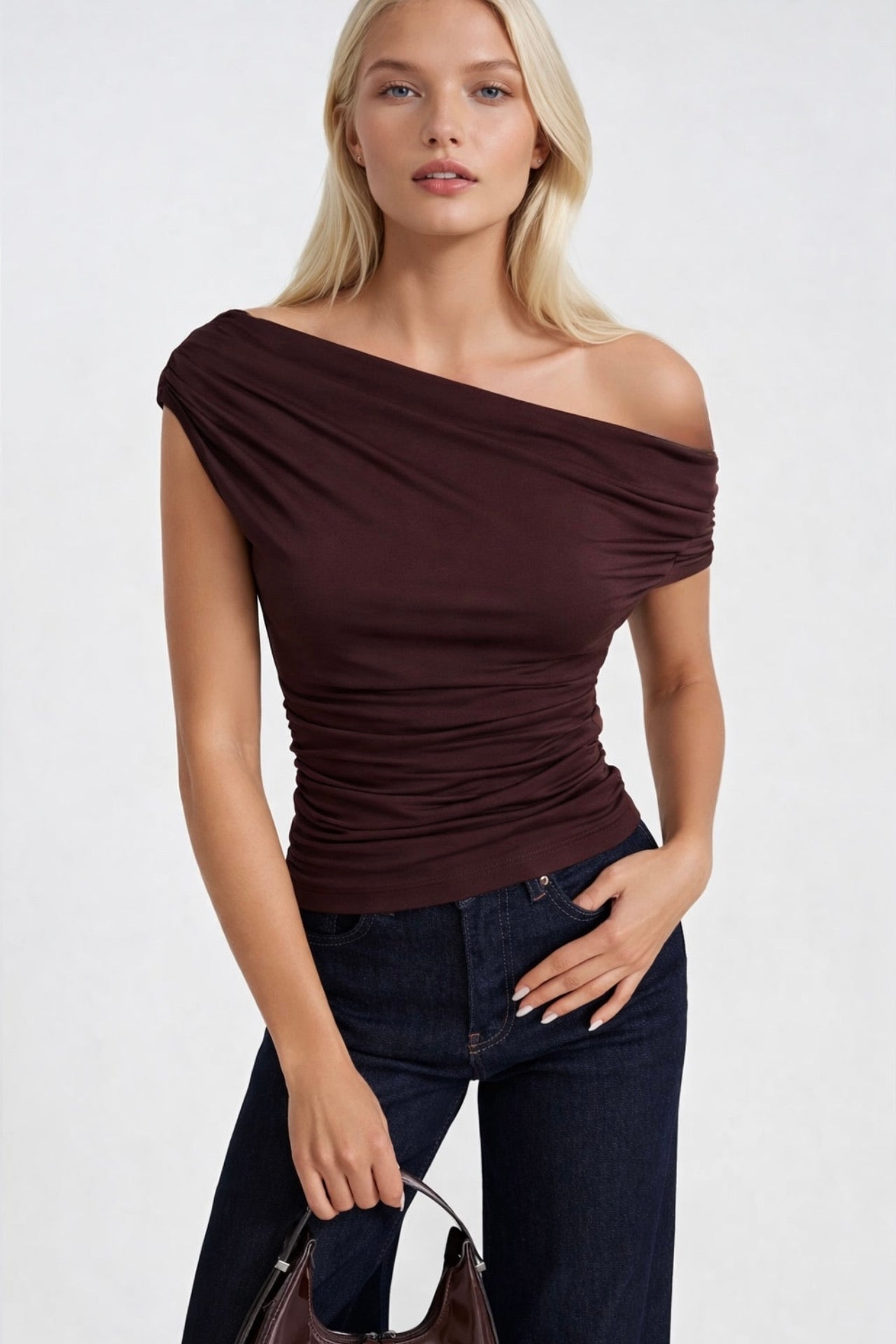 Waist-Fitted Asymmetric Shoulder Detail Brown Blouse
