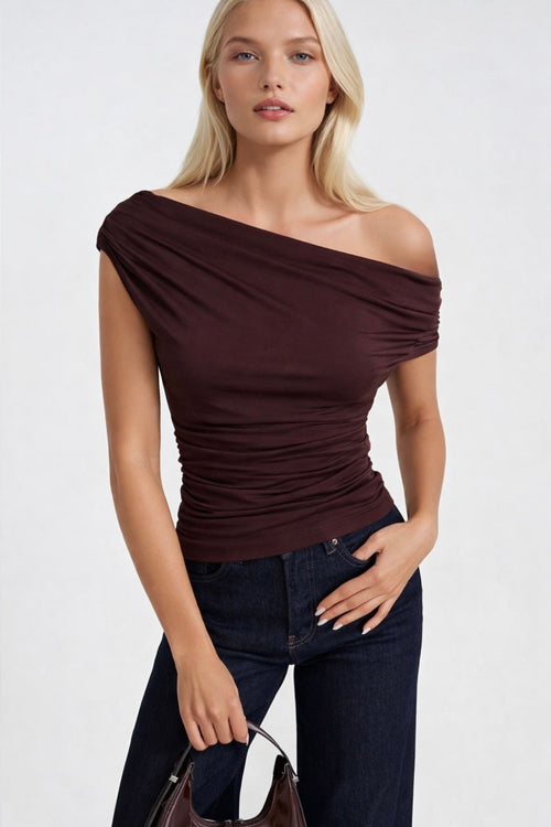 Asymmetrical Shoulder Detail Brown Blouse with Fitted Waist