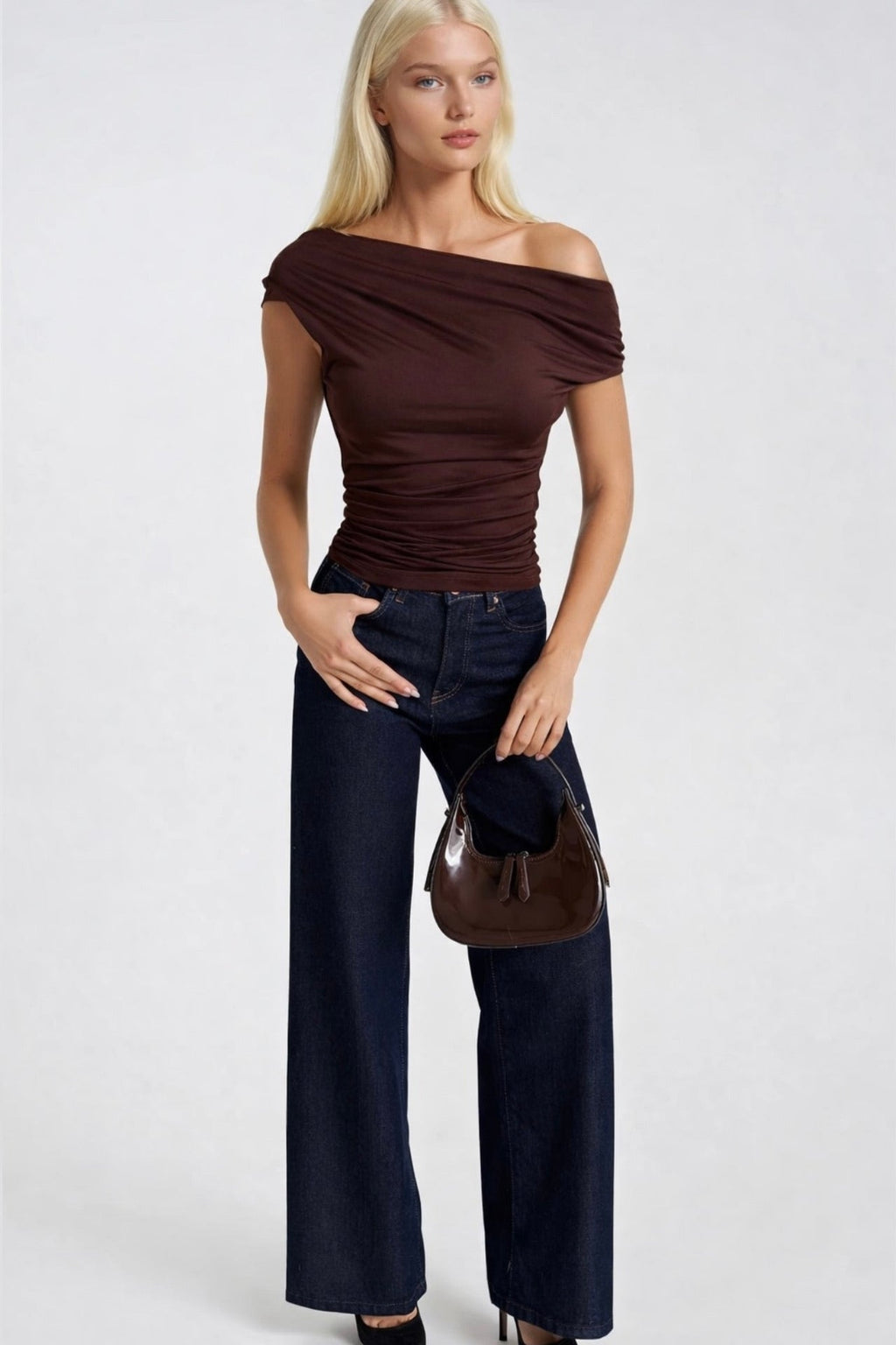 Waist-Fitted Asymmetric Shoulder Detail Brown Blouse