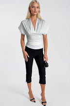 Fitted Waist Büzgülü Half Sleeve White Blouse