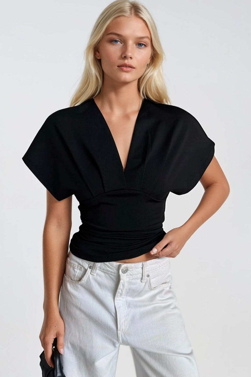Fitted Waist Büzgülü Half Sleeve Black Blouse