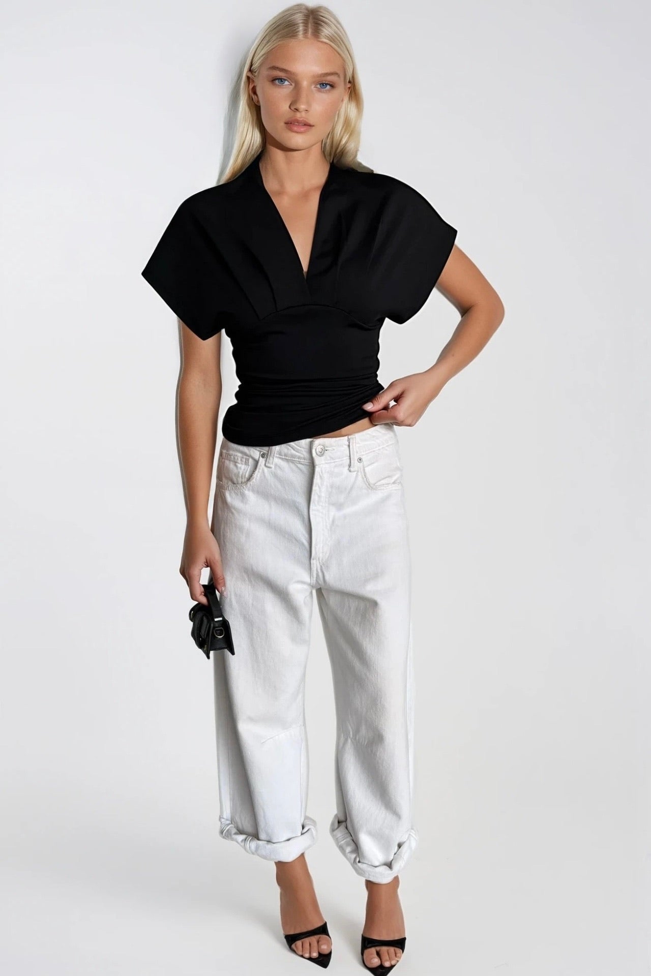 Fitted Waist Büzgülü Half Sleeve Black Blouse