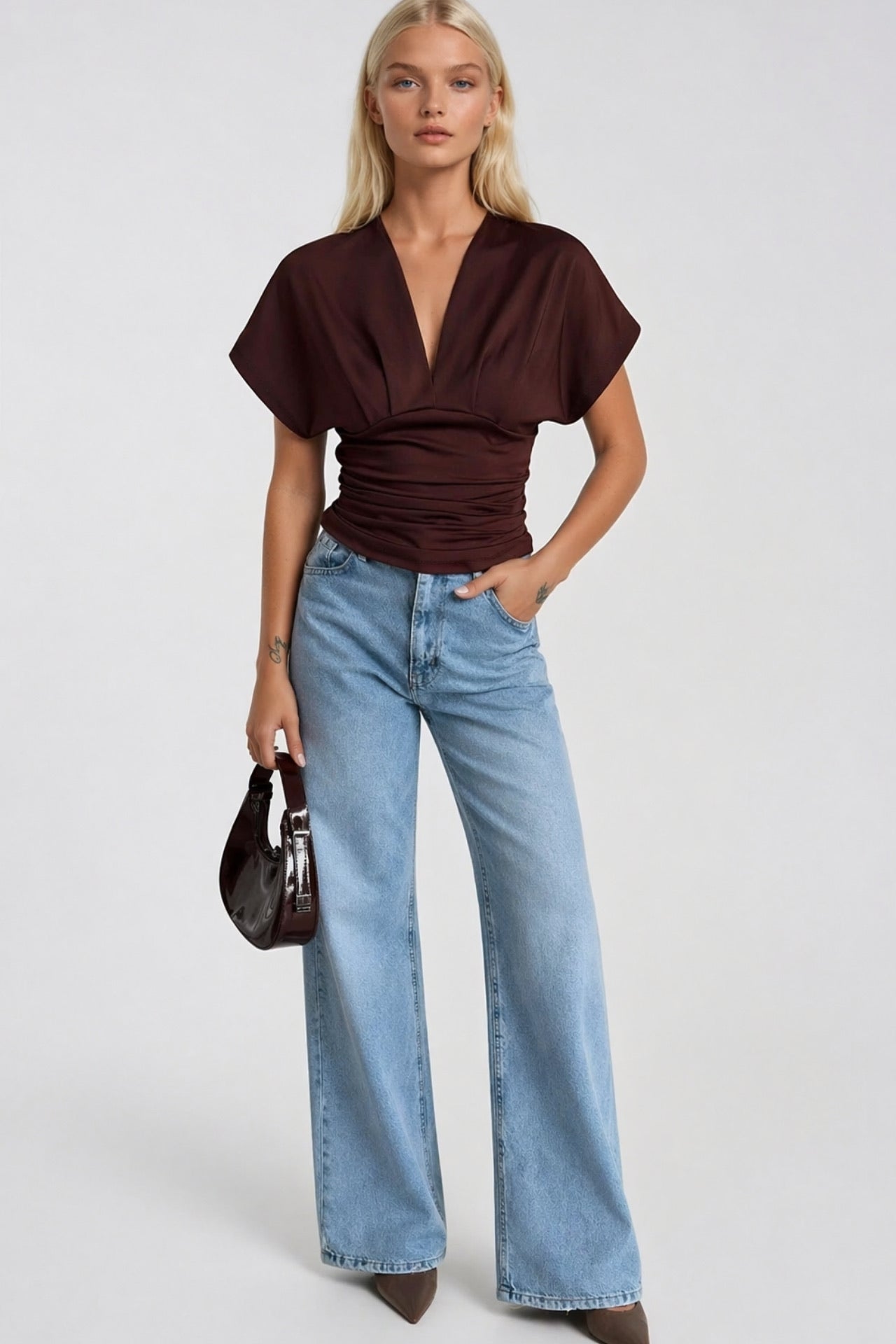 Fitted Waist Büzgülü Half Sleeve Brown Blouse