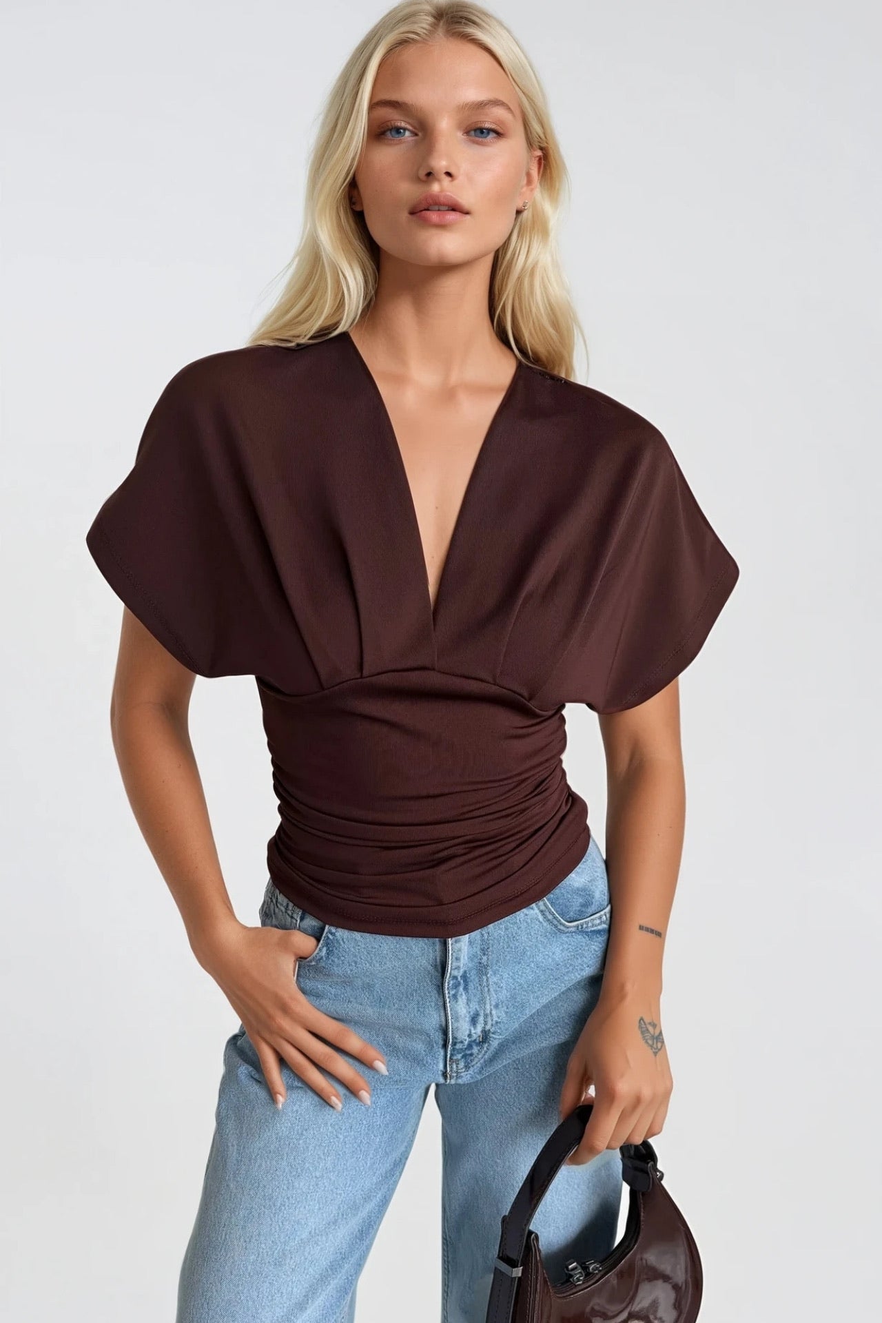 Fitted Waist Büzgülü Half Sleeve Brown Blouse