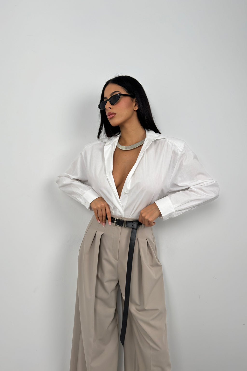 Waist-Fitted Shoulder-Padded White Shirt