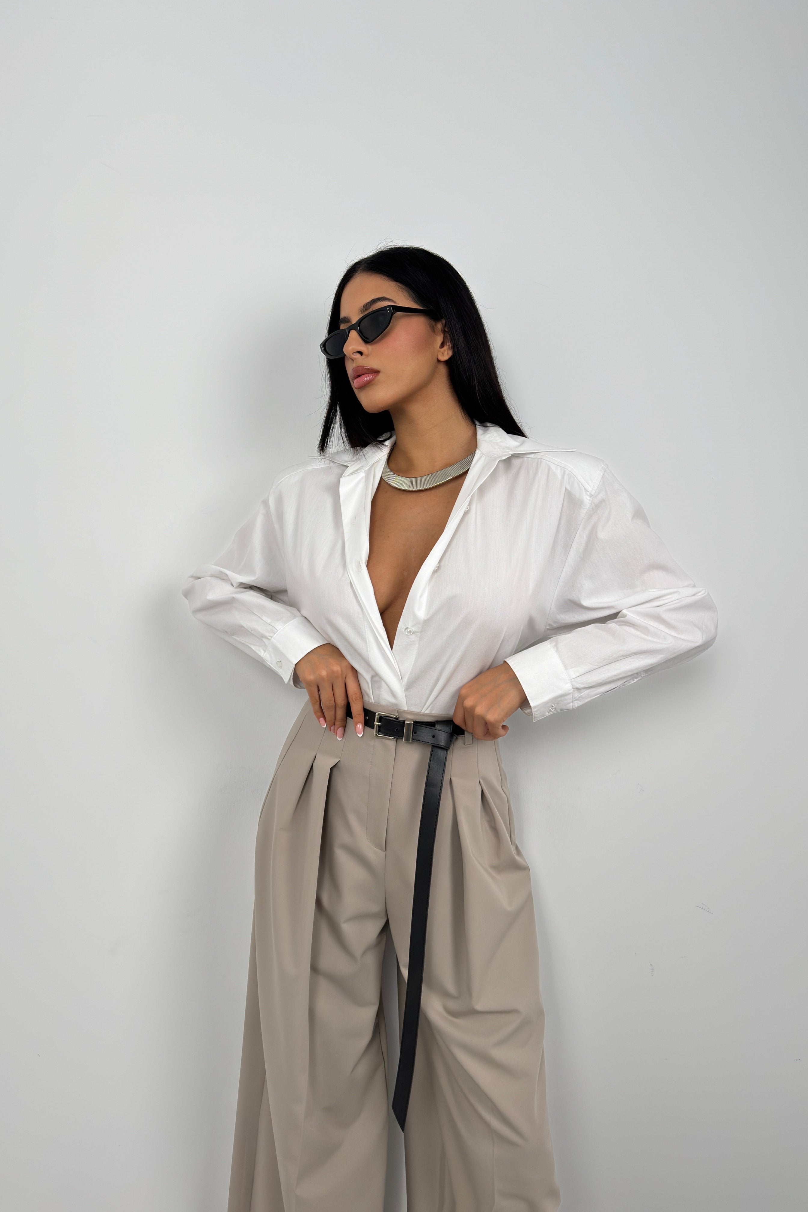 Waist-Fitted Shoulder-Padded White Shirt