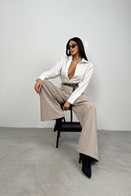 Waist-Fitted Shoulder-Padded White Shirt