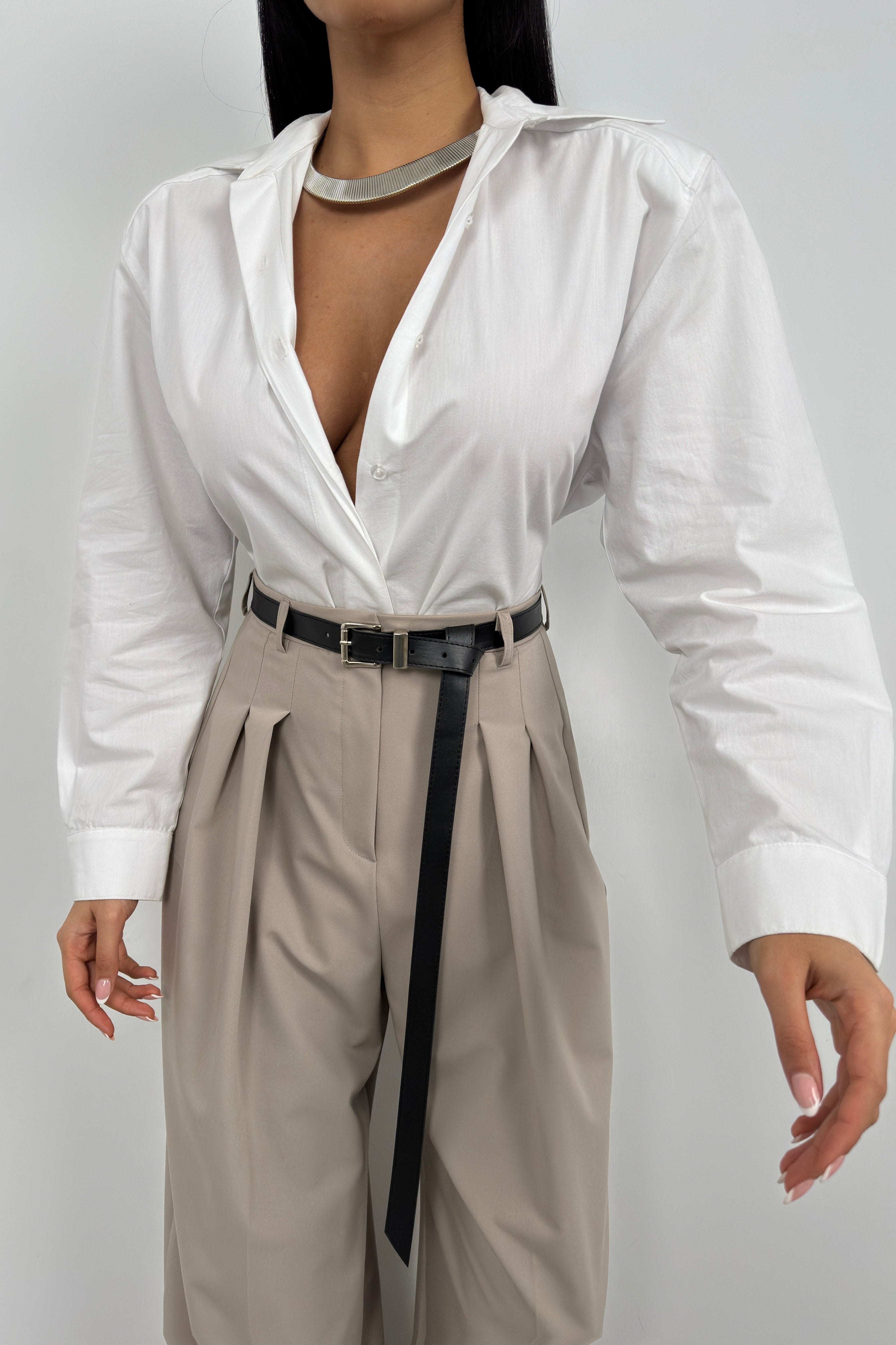 Waist-Fitted Shoulder-Padded White Shirt