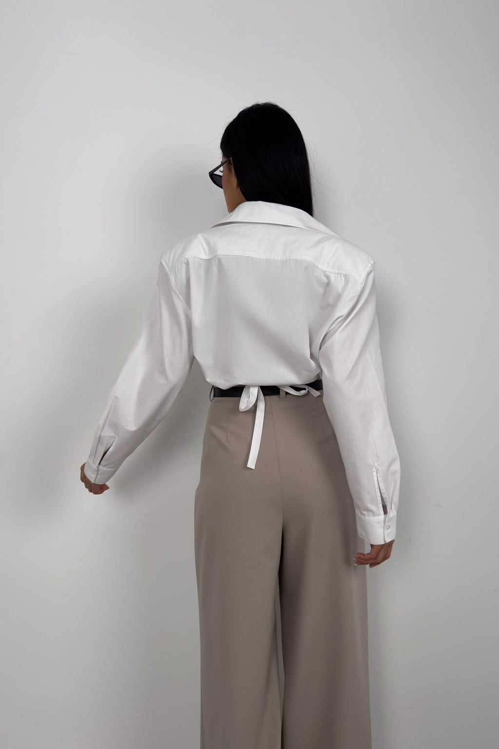 Waist-Fitted Shoulder-Padded White Shirt