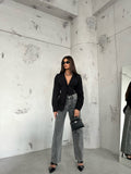 Waist-Fitted Shoulder-Padded Black Shirt