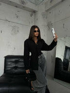 Waist-Fitted Shoulder-Padded Black Shirt