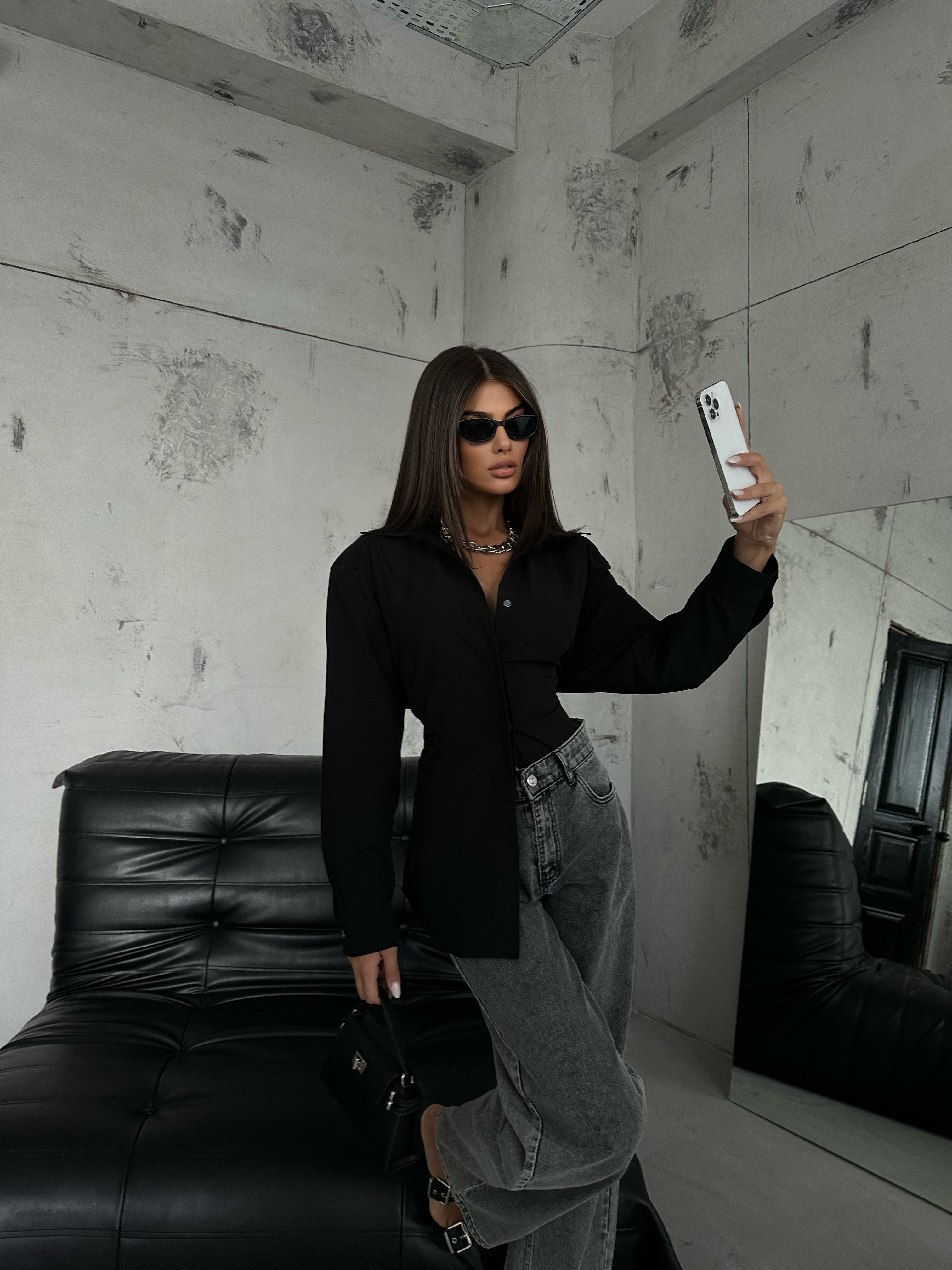 Waist-Fitted Shoulder-Padded Black Shirt