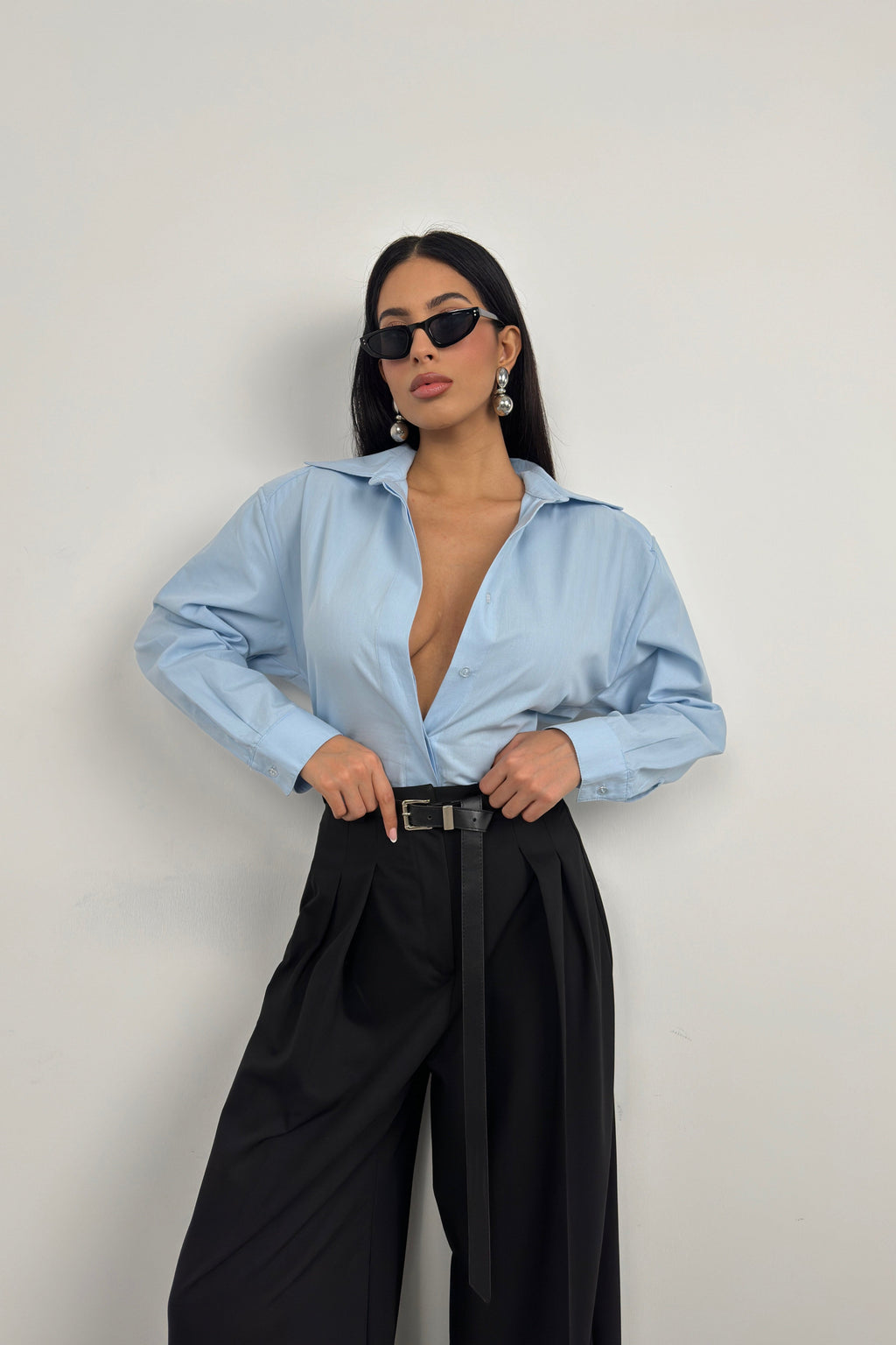 Waist-Fitted Shoulder-Padded Blue Shirt