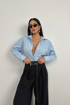 Waist-Fitted Shoulder-Padded Blue Shirt