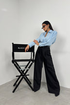 Waist-Fitted Shoulder-Padded Blue Shirt