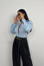 Waist-Fitted Shoulder-Padded Blue Shirt