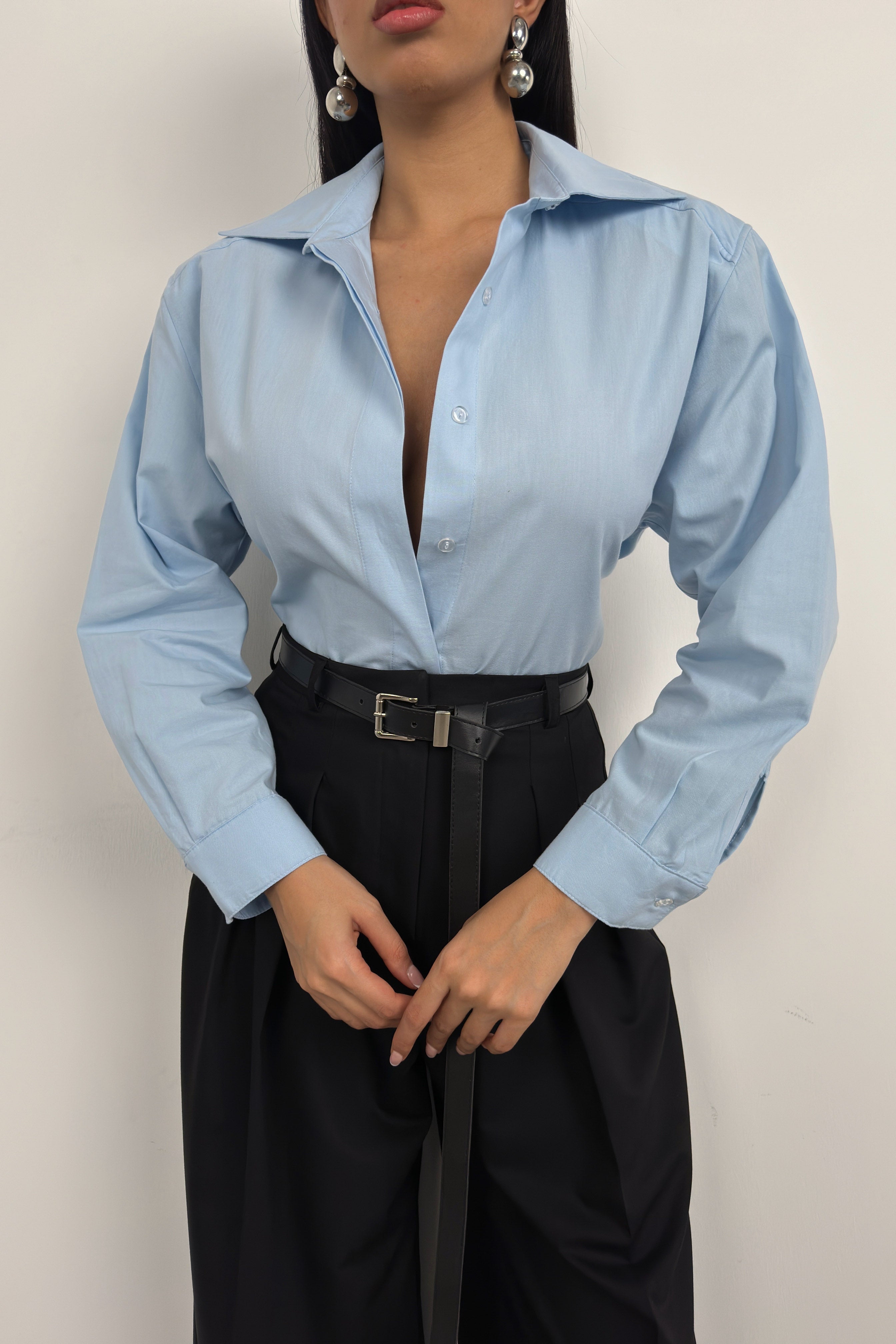 Waist-Fitted Shoulder-Padded Blue Shirt