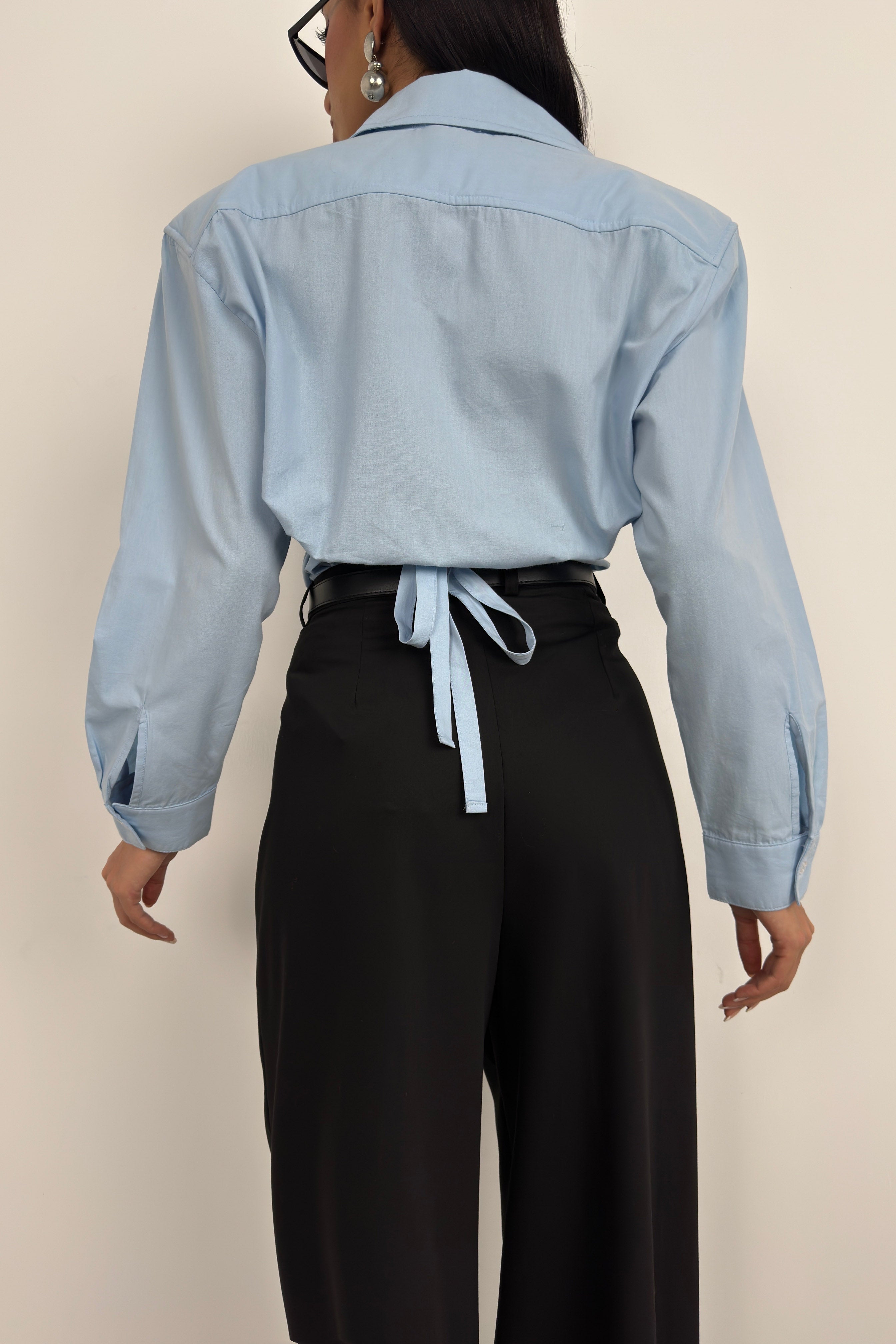 Waist-Fitted Shoulder-Padded Blue Shirt