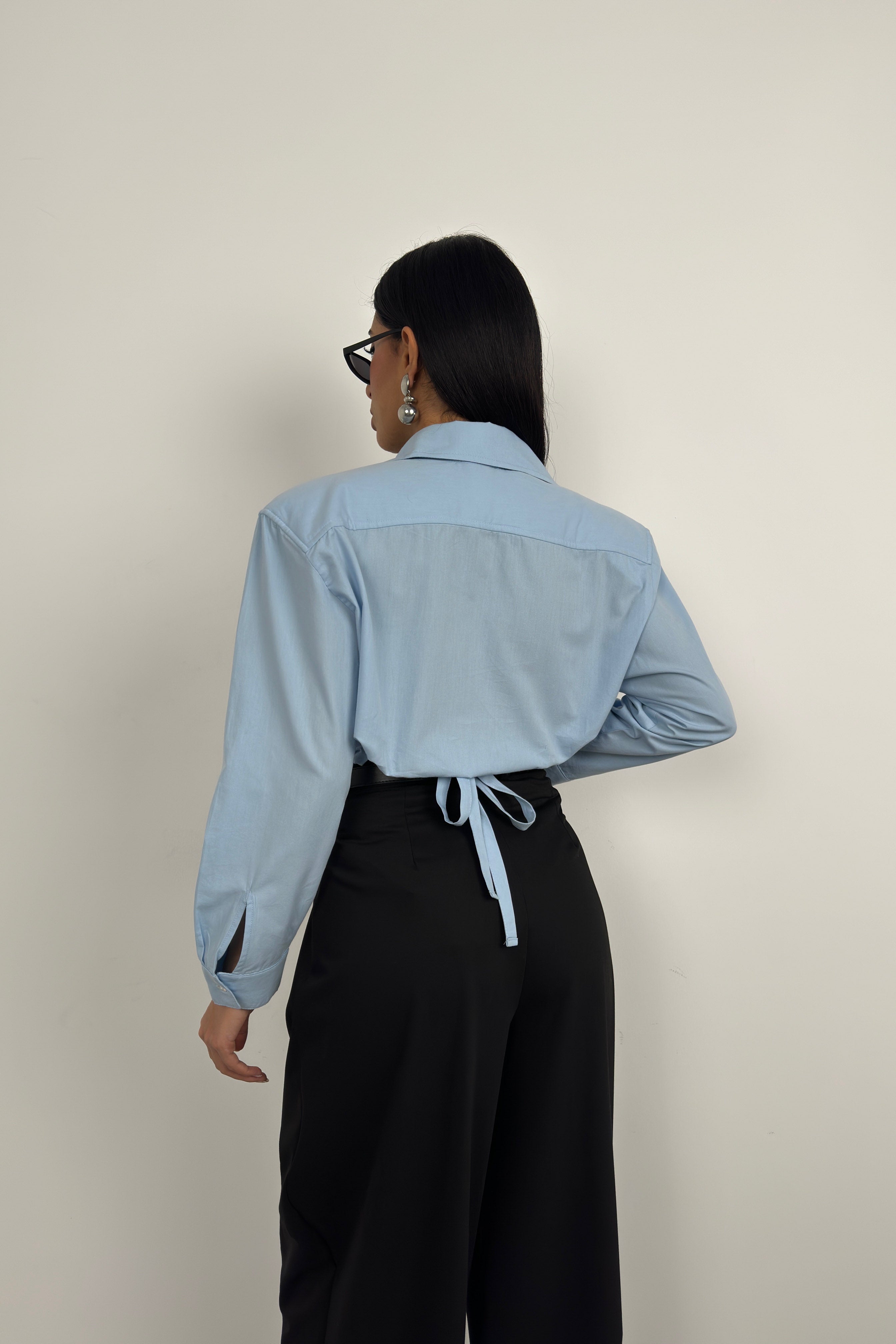 Waist-Fitted Shoulder-Padded Blue Shirt