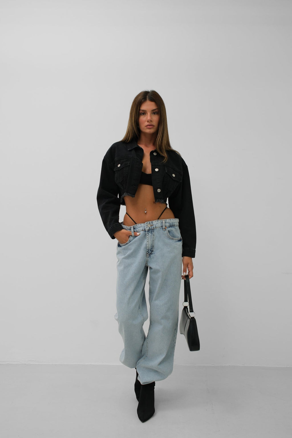 Seamless Waist Hem Gray Denim Jacket