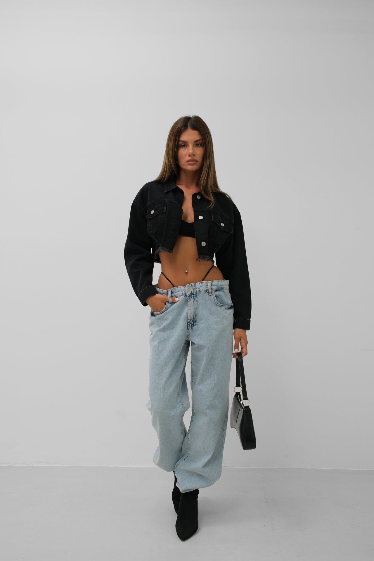 Seamless Waist Hem Gray Denim Jacket