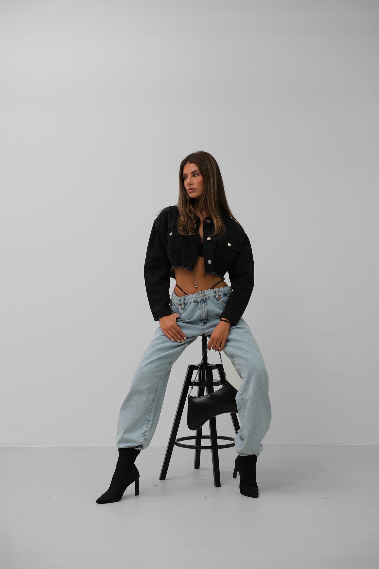 Seamless Waist Hem Gray Denim Jacket