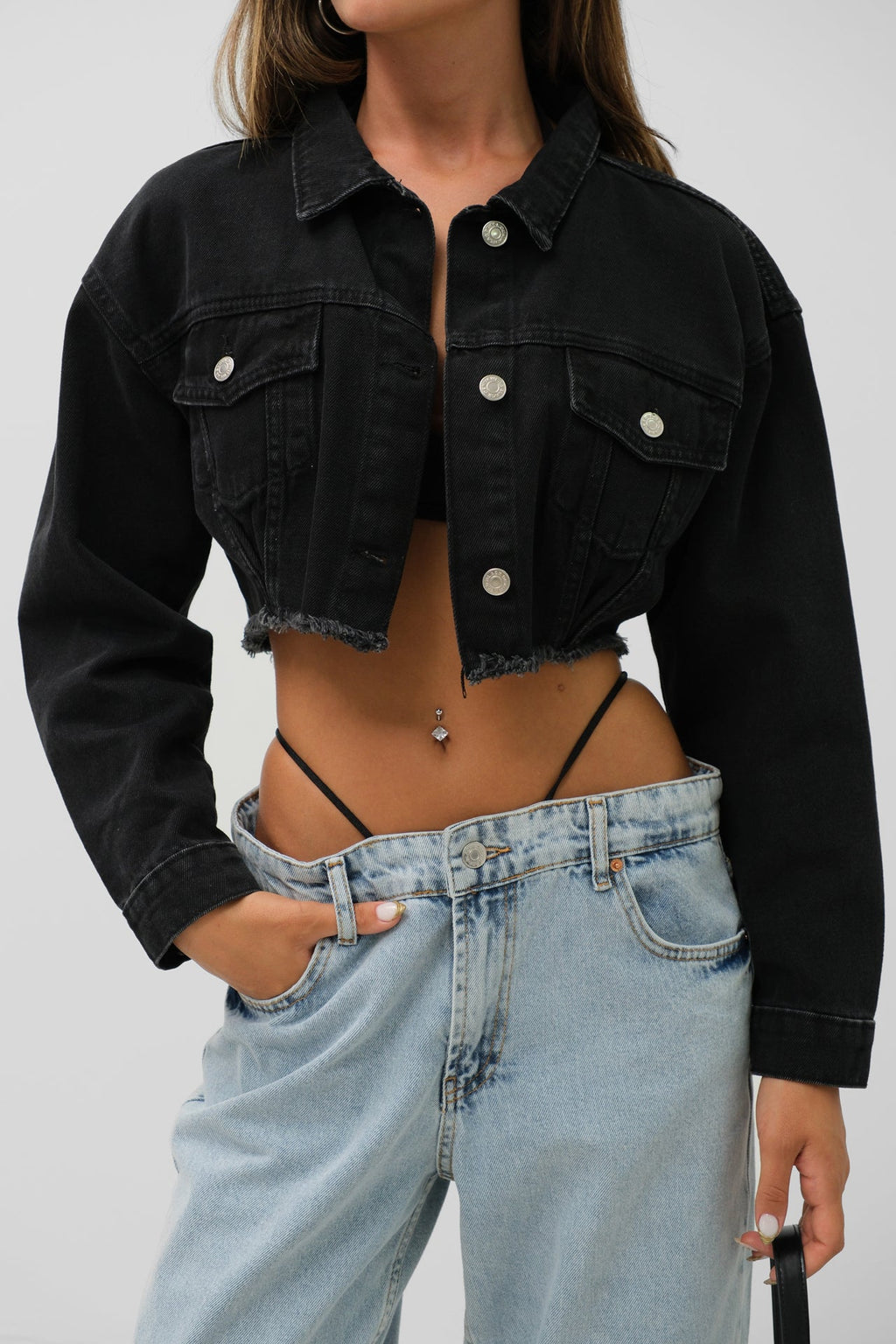 Seamless Waist Hem Gray Denim Jacket