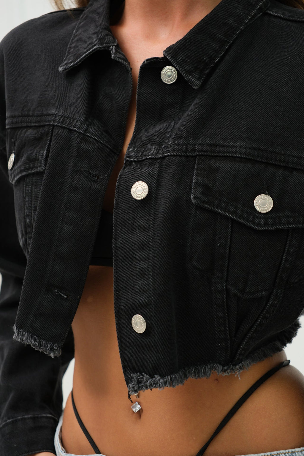 Seamless Waist Hem Gray Denim Jacket