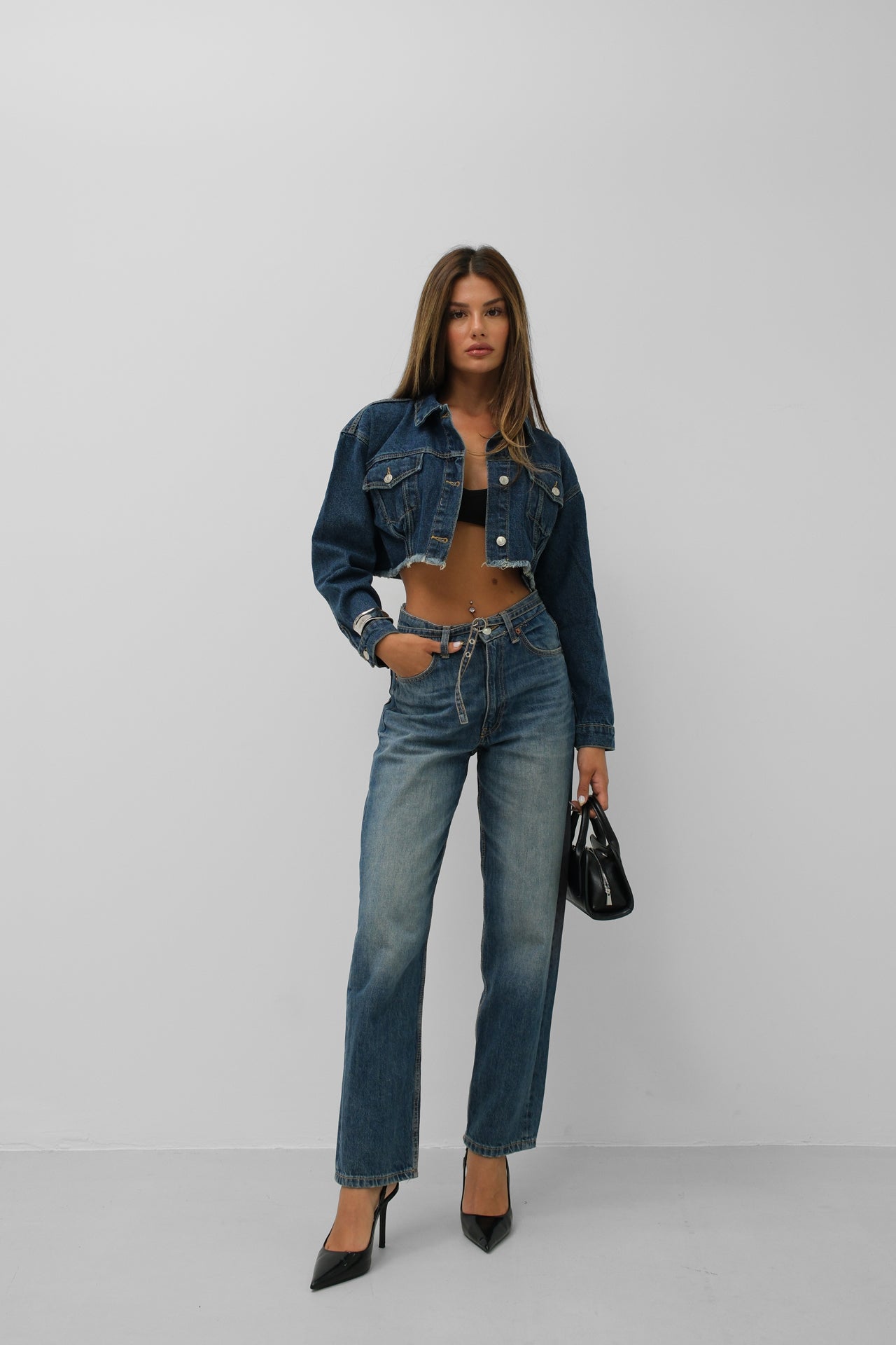 Seamless Waist Hem Dark Blue Denim Jacket