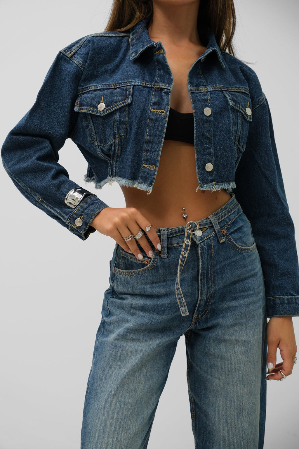 Seamless Waist Hem Dark Blue Denim Jacket