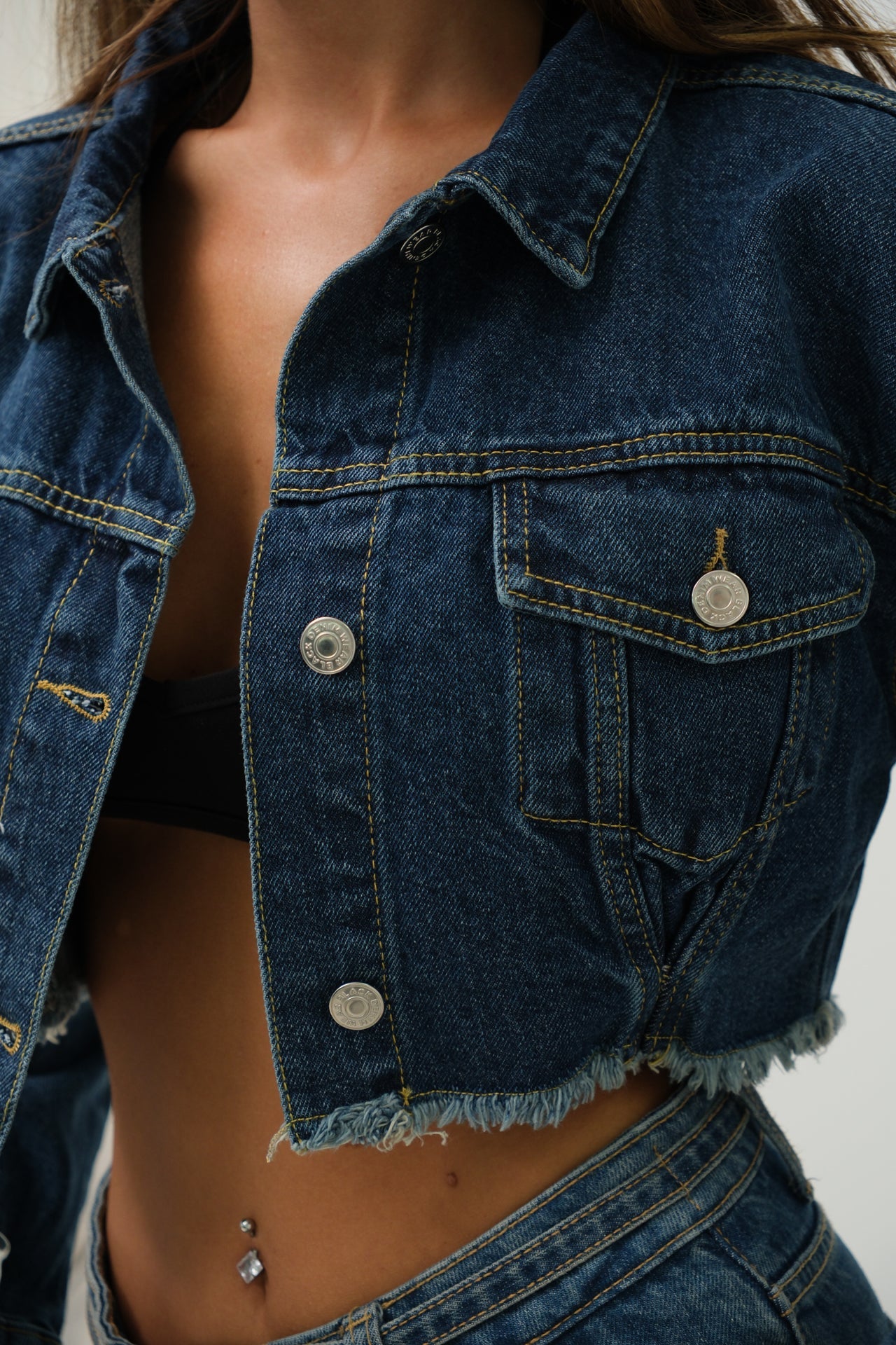 Seamless Waist Hem Dark Blue Denim Jacket